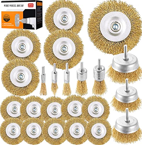 Wire Wheel Brush Cup Brushes Set 23 Pack Steel Wire Brush Kit for Drill 1/4-Inch Shank 0.012-Inch Brass Coated Carbon Crimped for for Polishing Deburring Degreasing and Corrosion Removal
