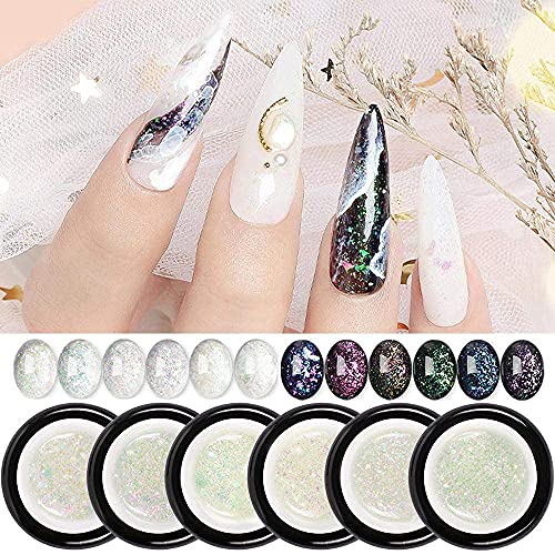 DouborQ Glitter Gel Nail Polish Set 6 Color 5 ml Soak Off UV LED Super Platinum Glitter Gel Nail Polish (Glitter Starry Sky Gel Set)