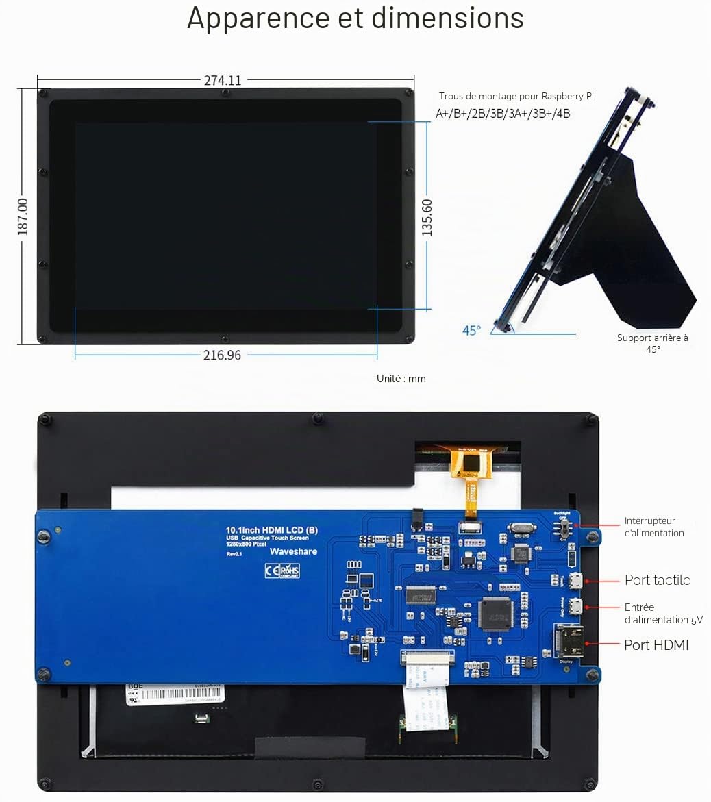 Waveshare 10.1inch IPS Capacitive Touch Screen LCD (B), 1280x800 HDMI Display, Tempered Glass Cover & Case, Low Power, Compatible with Raspberry Pi & PC