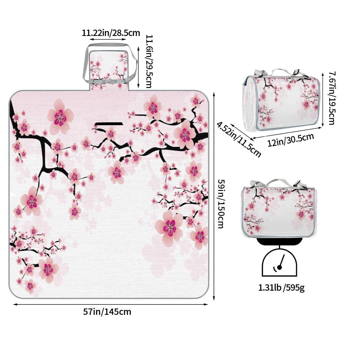 Shimoshe Picnic Blankets 57”x 59”, Flowering Cherry Blossoms Waterproof Sandproof Picnic Mat Lightweight Foldable Beach Blanket for Camping Park Grass Beach Outdoor Blanket