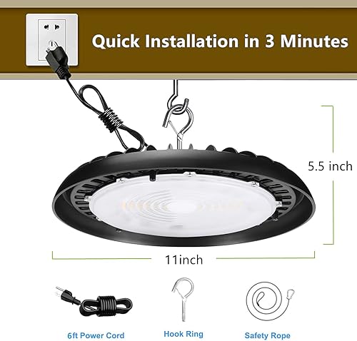 Miniatura 7 de Paquete de 2 lámparas LED de alta bahía de 150 W para almacén, luz diurna de 120 V 5000 K, 19500 lm (600 W-800 W HPSMH Eqv.), luces LED UFO Highbay