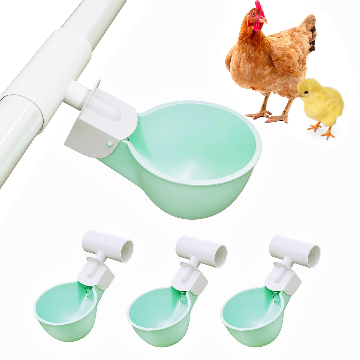 4PC Chicken Water Cups with PVC Tee Fittings for 1/2" Pipe, Automatic Chicken Watering System, Anti-Leak, Holds 50% More Water, Suitable for Chicks,