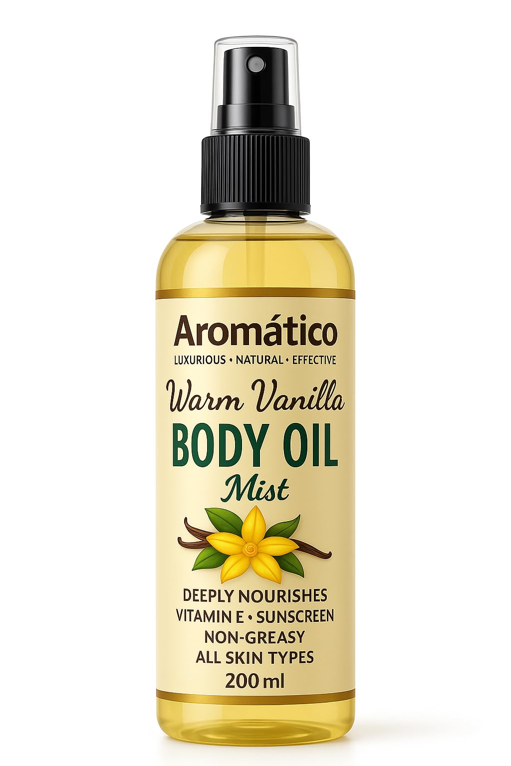 AROMATICO Warm Vanilla Body Oil Mist, After Bath oil for Daily Use. Glowing Skin & Deep Hydration for Dry Skin, Non-Greasy, Nourishing Formula - 200ml