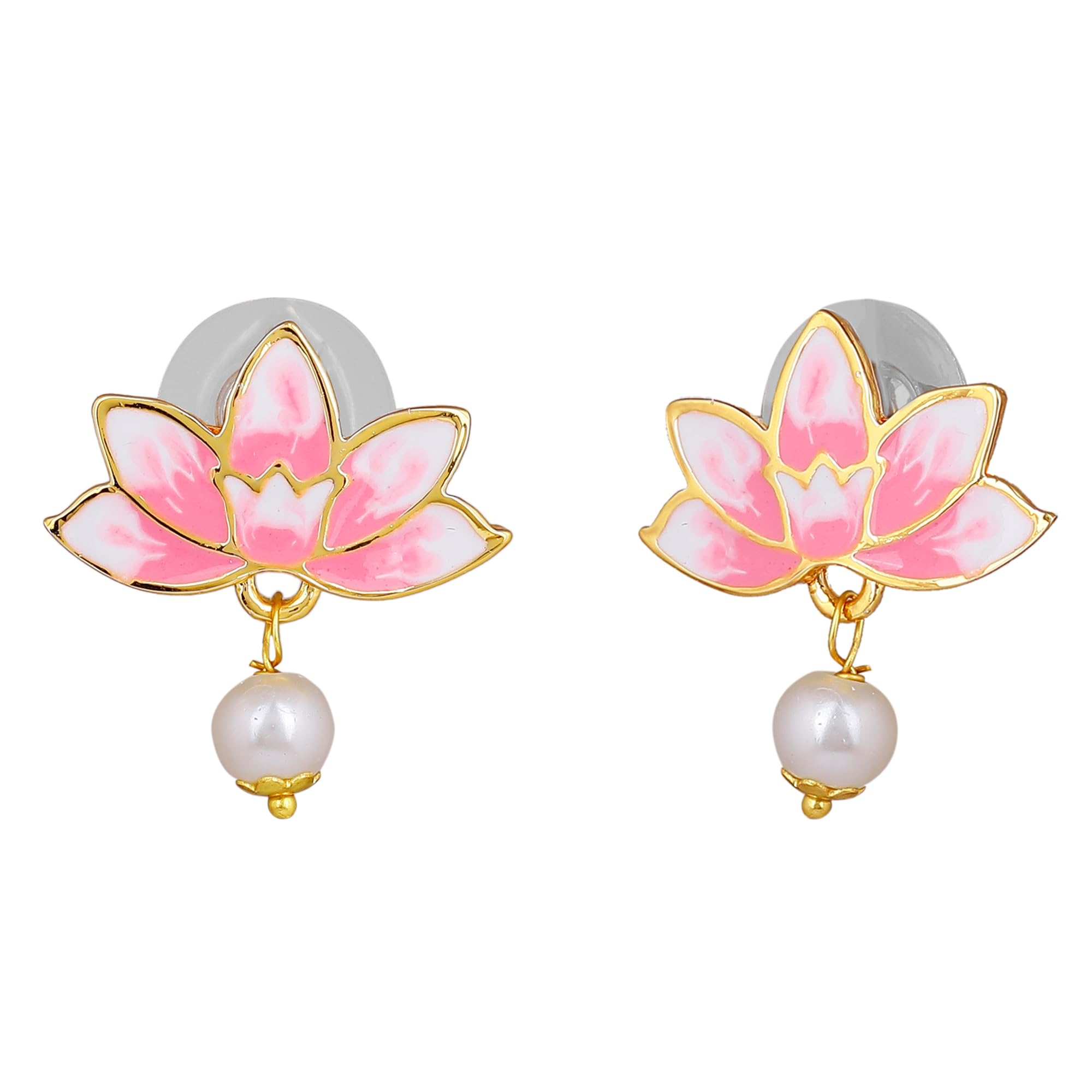 Plated Lotus Pink Enamel Pearl Drop Earrings