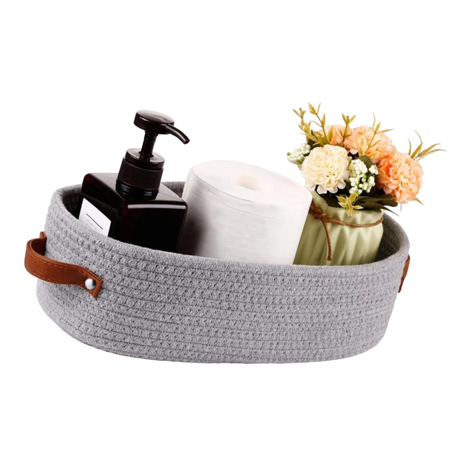 Zeiwohndc D Stylish Oval Shape Handwoven Cotton Rope Basket With Soft Leather Handles For Clothes Toy Storage Sturdy Interlace Storage Basket