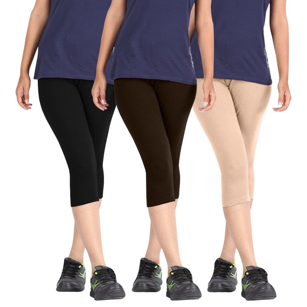 pixie fashion Biowashed Cotton Stretchable Capri Legging Combo Pack of 3 for Women/Girls/Ladies (Black, Dark Brown and Beige) - Free Size-picture-33