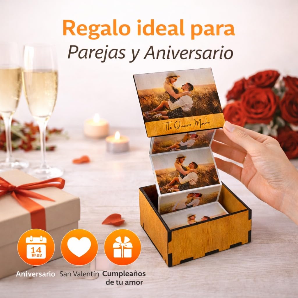 Caja de Fotos Desplegable de Madera con 6 Fotos Personalizadas - Regalo Original para Parejas, Hombres o Mujeres