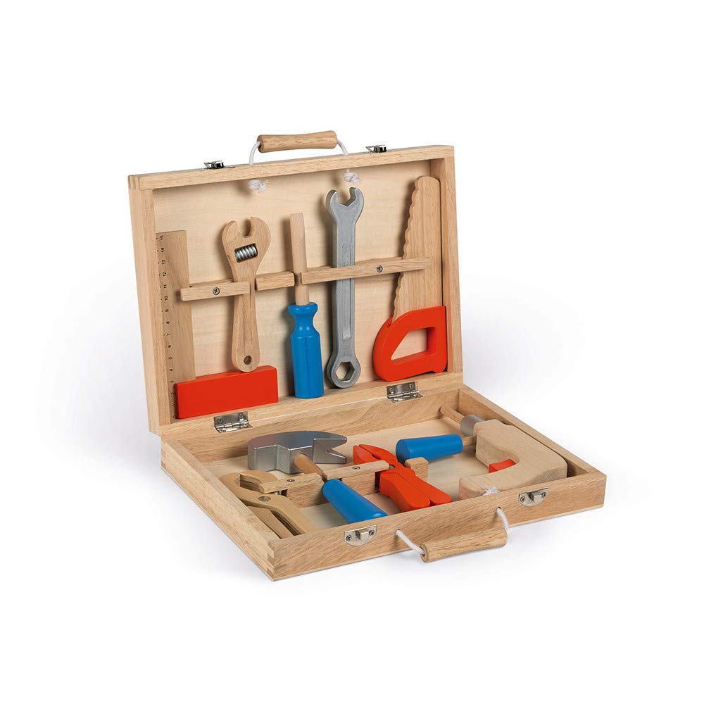 Janod - Brico'Kids Toolbox - Wooden Diy Tools for Kids - Imitation Toy - 9 Accessories Included - from 3 Years Old, J06481