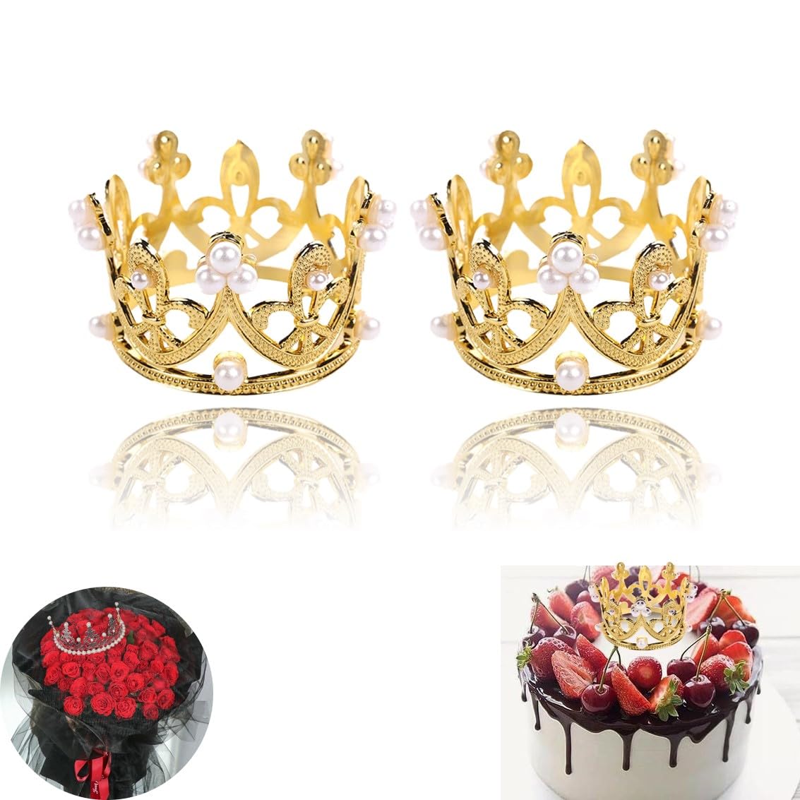 2pcs Crown Cake Topper Mini Tiara Birthday Crown Crystal Pearl Vintage Small Cake Crown Topper for Birthday Wedding Bouquet Flower Arrangements Baby Shower Decor Valentines Decor Gift (2pcs Gold)