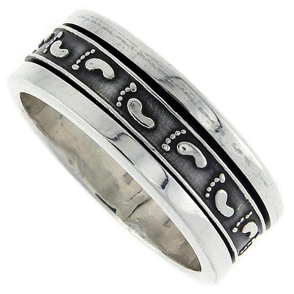 Sterling Silver 10mm Embossed Footprints Spinner Ring for Men sizes 7-14 12