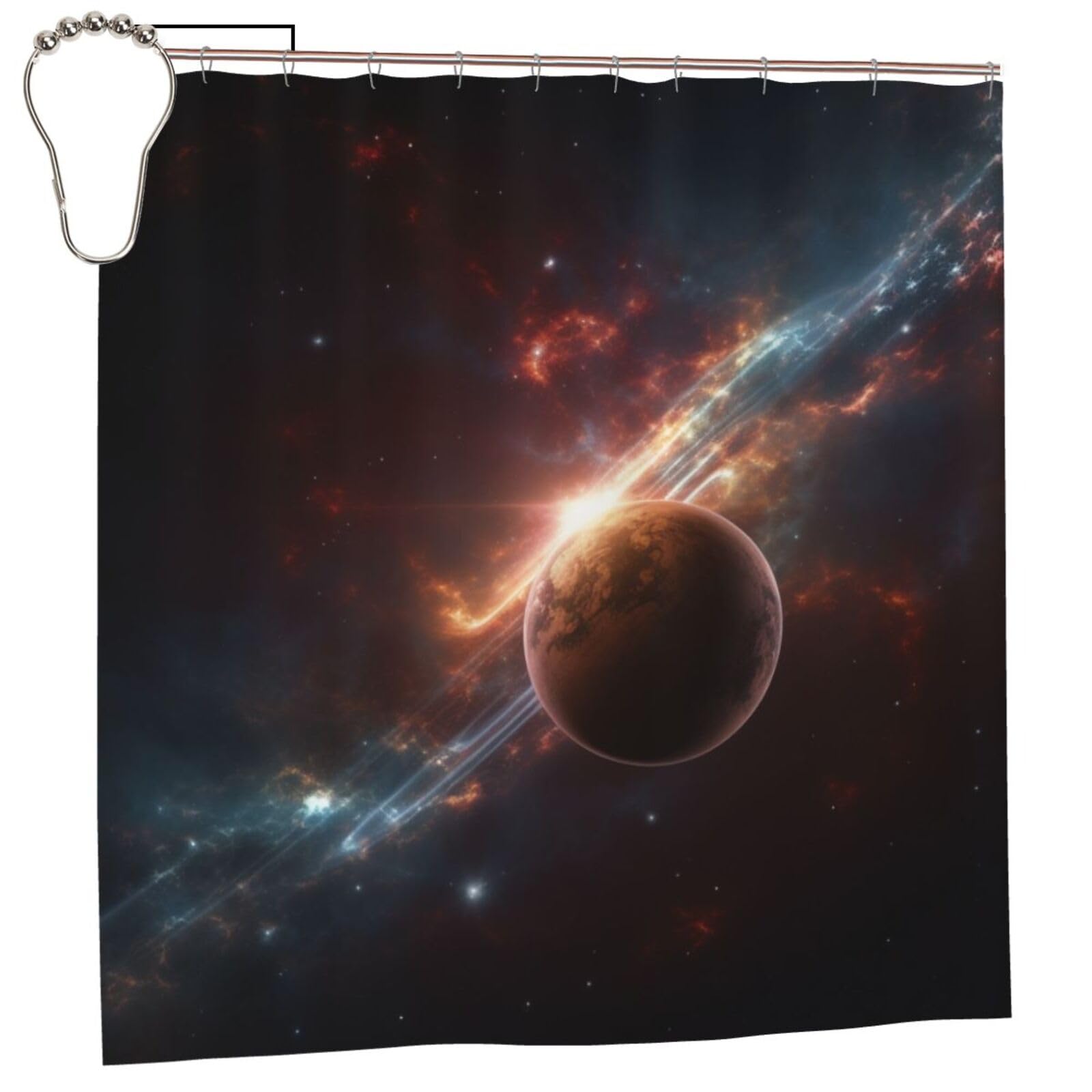 BWWHCCTI Galaxy Space Planet Printed Shower Curtain With 12 Iron Hooks Opaque Quick Drying Waterproof Shower Curtains Sets For Bathroom 183x183 CM