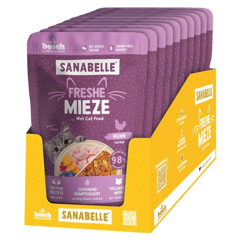 Sanabelle Freshe Mieze - Huhn, 10 x 100 g Beutel voll recyclingfähig, Dampfgegartes Nassfutter für Katzen, Katzenfutter wie frisch gekocht, Eine Marke von Bosch Tiernahrung