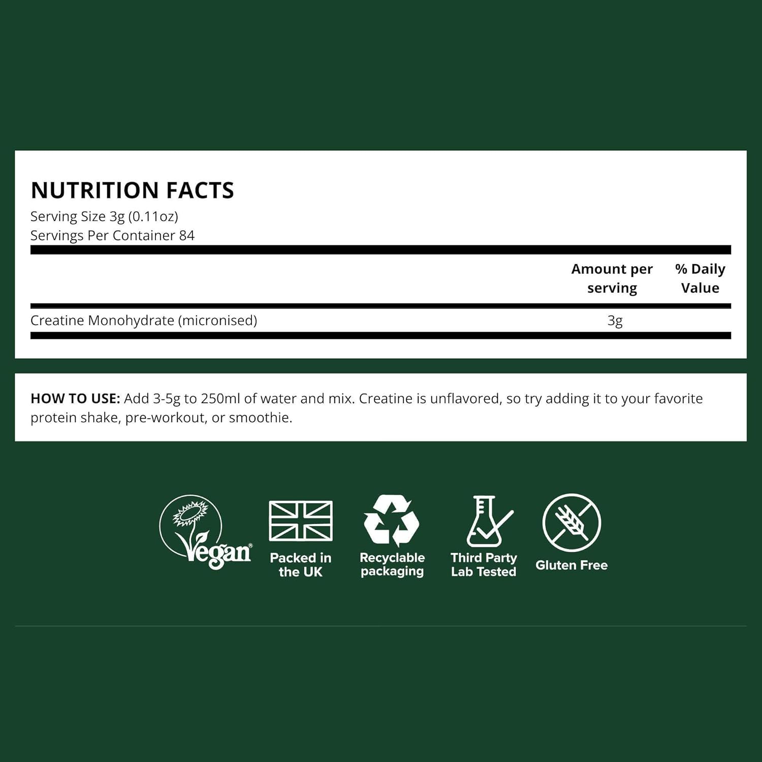 Vivo Life - Creatine Monohydrate Powder Micronised - Vegan, Unflavoured (8.8 oz, 84 Servings)