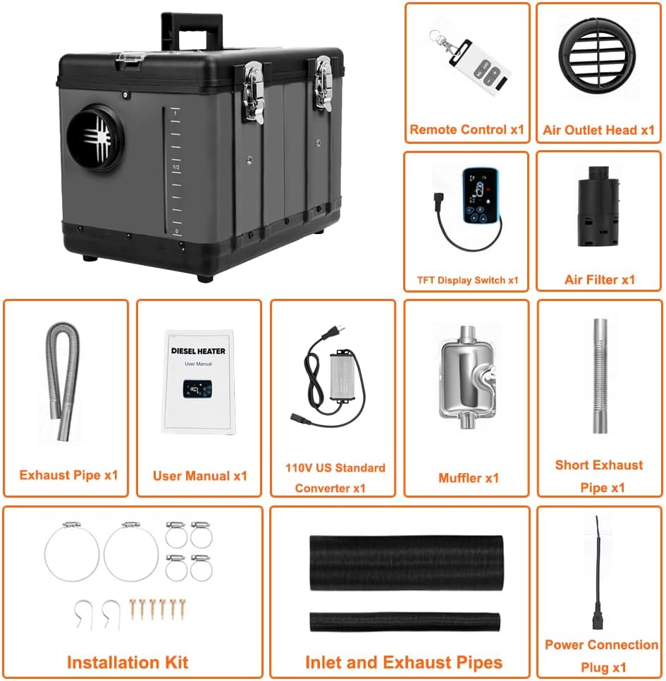 5KW-8KW 1.59Gal Diesel Air Heater - 110V/12V/24V Portable Toolbox Design with Auto Start-Stop,Altitude Mode, App Control & Auto Ventilation for cars trucks RV campers tent garage home (grey)