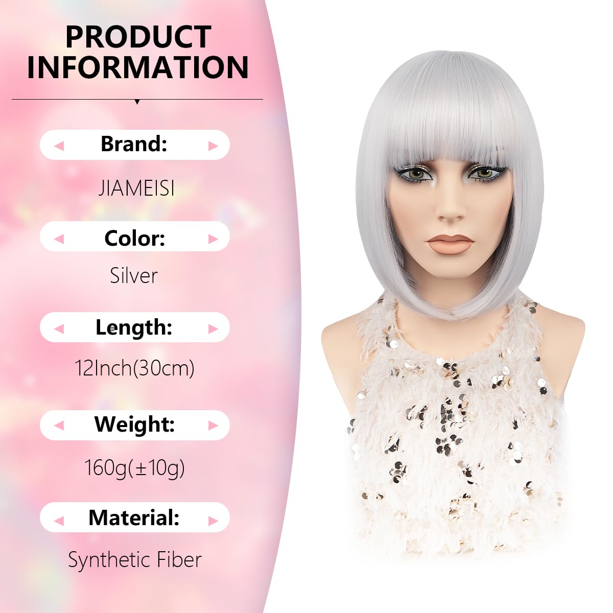 Short Bob Wig with Bangs 12Inch Coloured Straight Bob Wig for Women Girls Synthetic Heat Resistant Fiber Hair Natural Looking Cosplay Party Christmas Halloween Daily Use (Silver Grey) - Image 2