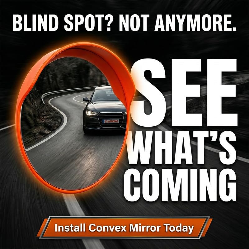 Image of LADWA 40-Inch Convex Mirror | Road Safety & Traffic Security Mirror | Unbreakable Polycarbonate Lens with Flat Back | Adjustable Mounting Bracket | Installation Kit with Nuts & Bolts Included