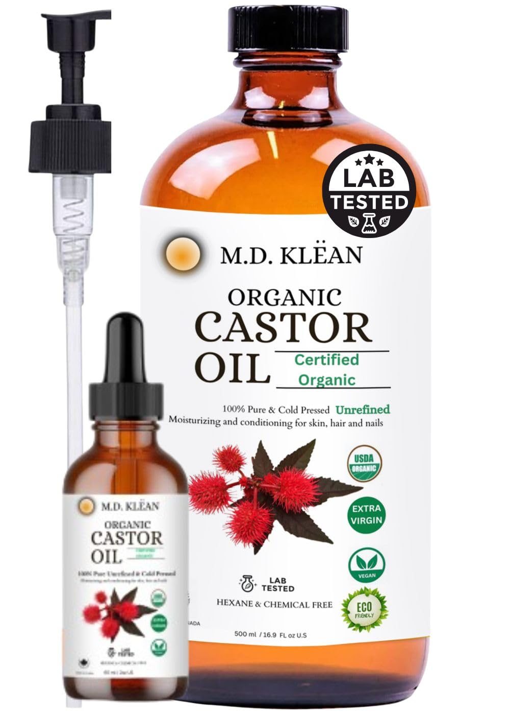 Generic M.D. KLEAN ORGANIC CASTOR OIL (500ml w/ 60ml Dropper) 100% Cold Pressed Unrefined Glass Bottles | Hexane Free | USDA Certified | Moisturizer and Conditionor For Skin,Hair & Lashes.