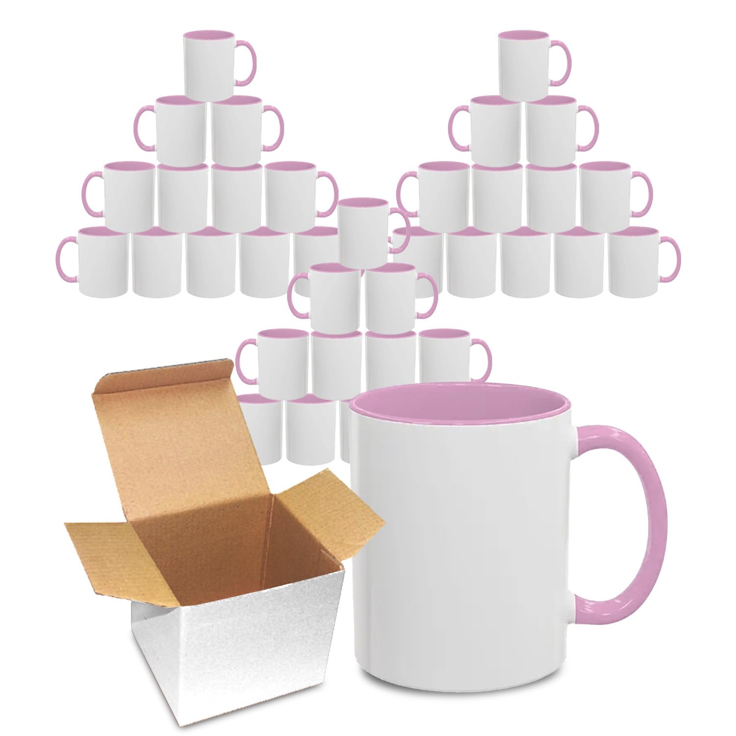 Sublimation Mugs 11oz Blank with Coloured Large Handle & Inner with Box | Durable, Ceramic Orca Finished Mugs Perfect for Custom & DIY Printing, for Loved Ones | Pink Bulk Pack of 36