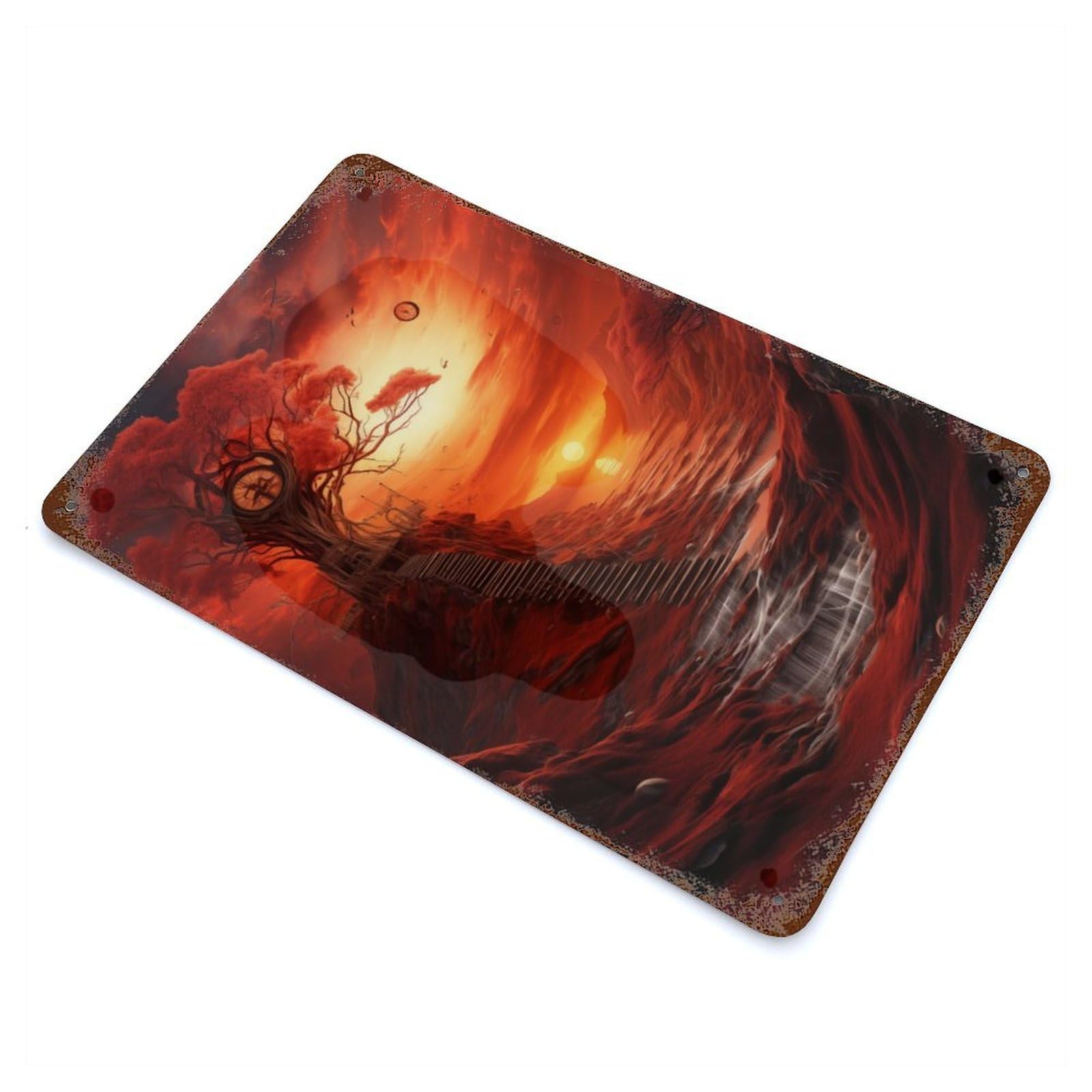 Red Tree at Sunset Rusty Metal Tin Sign 11.8"x7.9", Ideal for Farmhouse, Kitchen And Entryway Decor