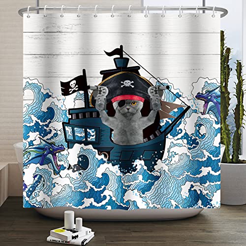 SDOTPMT 105x160cm Pirate Bateau Rideau Douche Sea Monster Nautique Blanc Planche Bois Rideau Douche Voile Voile Aventure thème Baignoire Rideau de Douche...