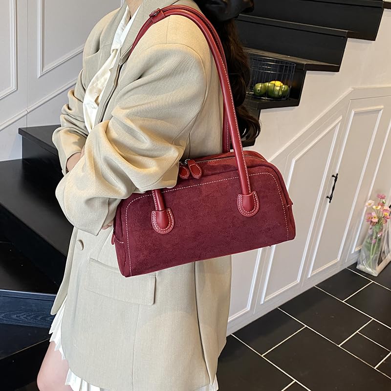 Ladies Elegant Boston Bag Suede Leather Date Handbag Vintage Shoulder Bag (Red)2