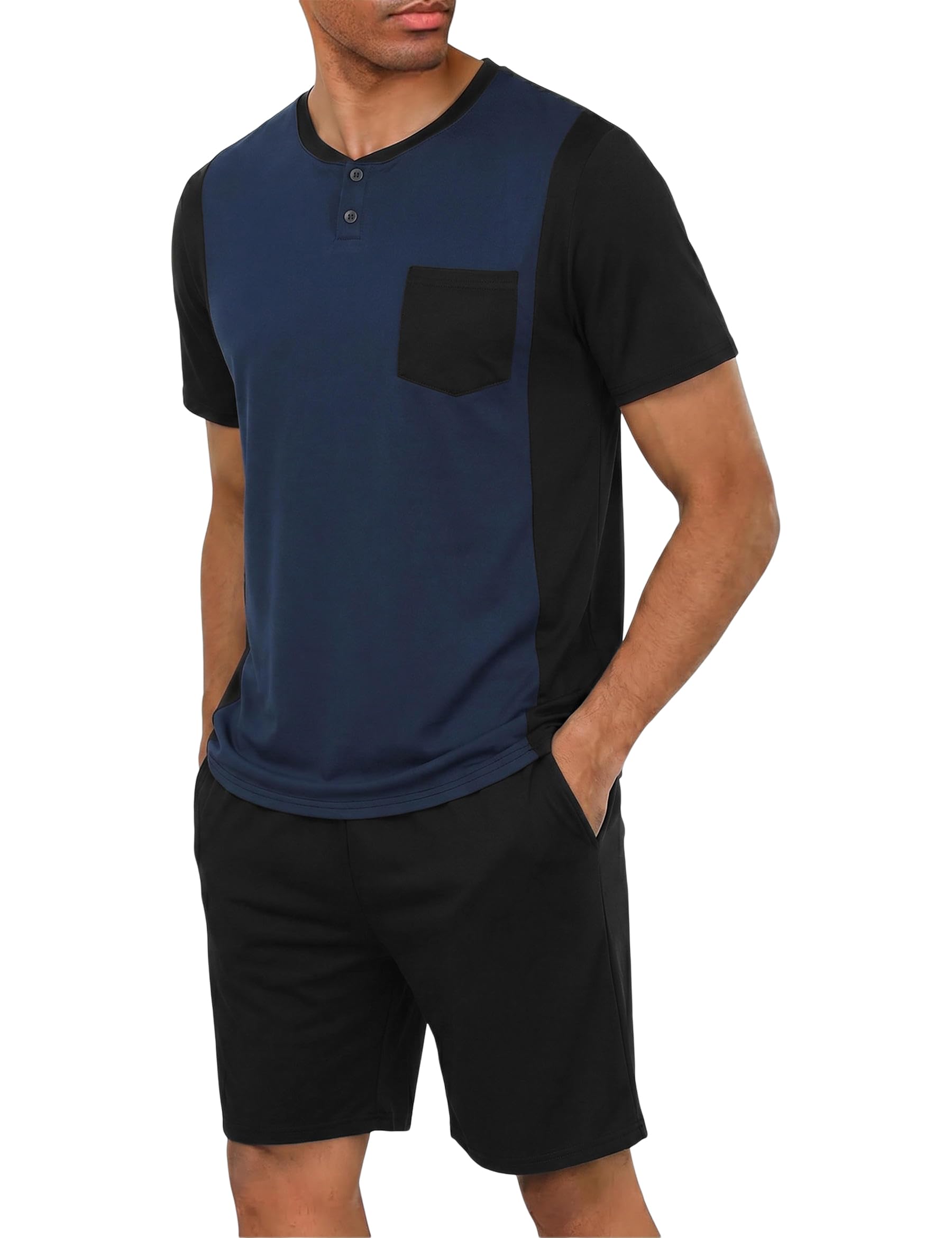Jahetuul Schlafanzug Herren kurz Schlafhose Rundhalsausschnitt Knopf Pyjama Sommer Schlafanzüge für Herren Pyjamashort Nachtwäsche Männer