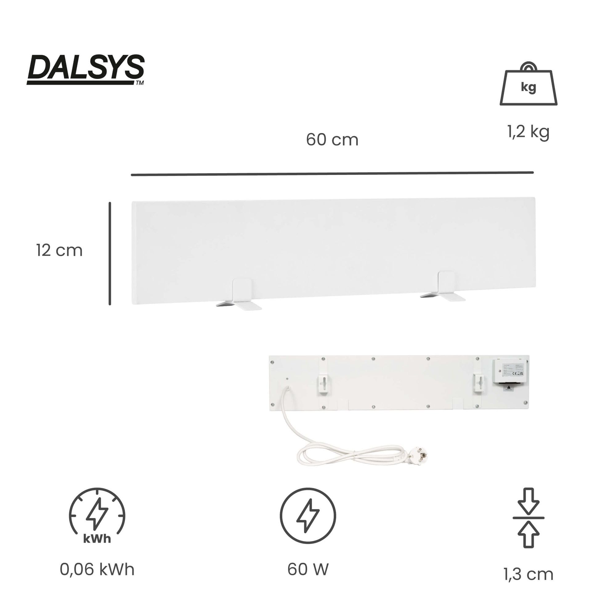 riscaldatore anti-muffa 60W, 12 x 60 x 1,3 cm, 2 pannelli per parete e bagno, riscaldamento a infrarossi elettrico, IP44