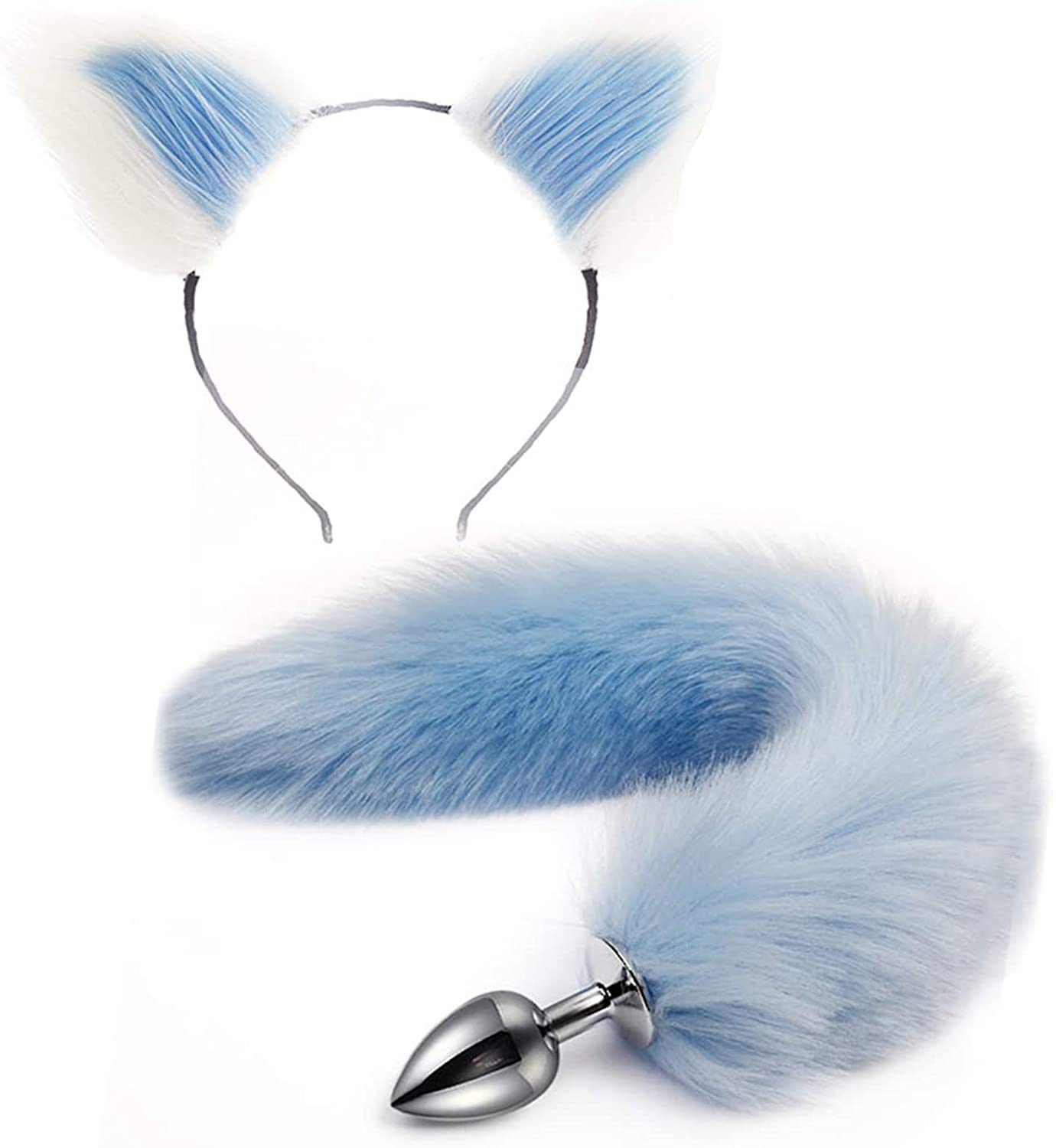 Metal Fox/Dog Tail Plug with Short Plush Ear Cat Headband, Halloween Party Toy Love Role Play Gift Clothing Set (1 Set, Light Blue)