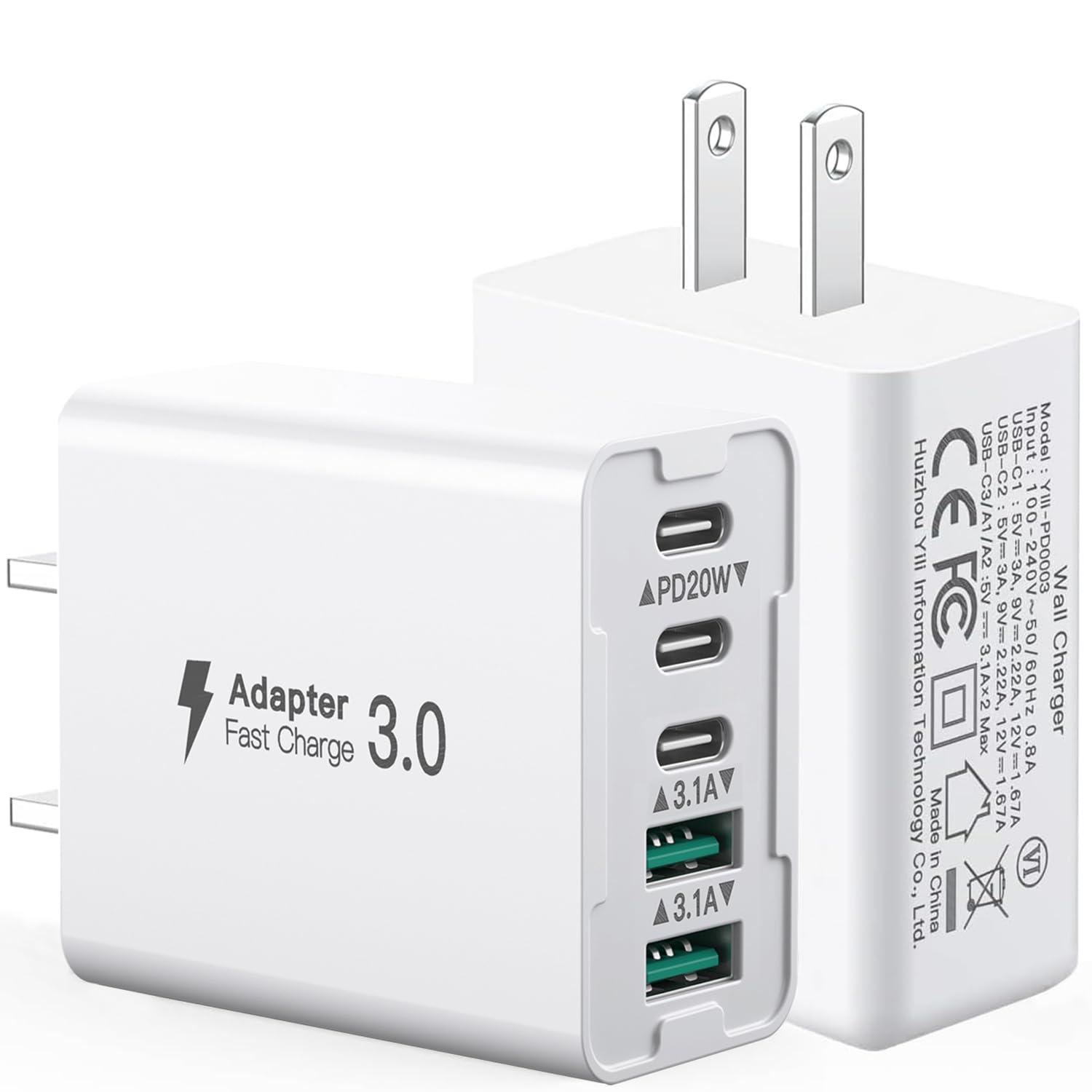 2-Pack 50W 5-Port USB C Charger Block - Fast Charging 3 USB C + 2 QC Wall Plugs for iPhone 12/13/14/15/16, Samsung S24/S23