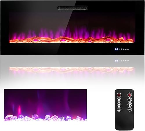COSTWAY Chimenea eléctrica de 60 pulgadas de ancho, 750 W1500 W empotrada y montada en la pared con control remoto, tronco y cristal decorativo, 9