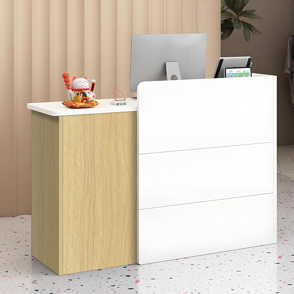 Empfangstheke Klein Holz, Rezeptionstheke, Empfangstresen Kosmetik, Rezeptionstheken mit Schublade, Laden-Theke Verkaufstheke Tresen Büromöbel Rezeption(Size:120*40*90cm,Color:'White+gray'>White+gray)