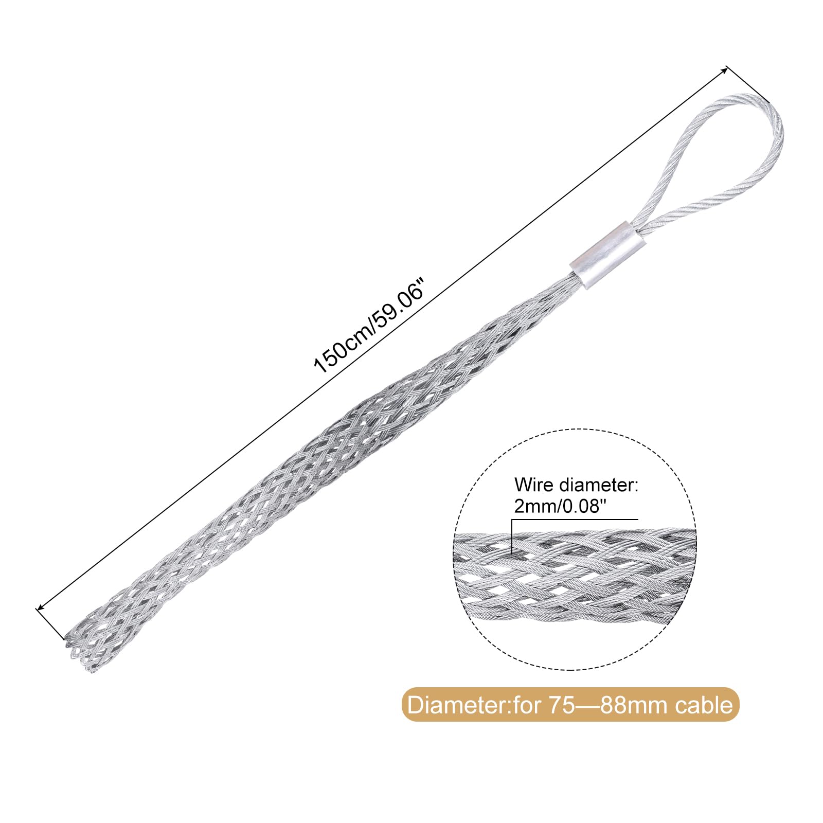 QUARKZMAN Zacisk ciągnący do kabli 75-88 mm, ciąg z siatki metalowej 150 cm, pojedynczy uchwyt ze stali ocynkowanej, gładka osłona siatki, 1 sztuka (srebrny)