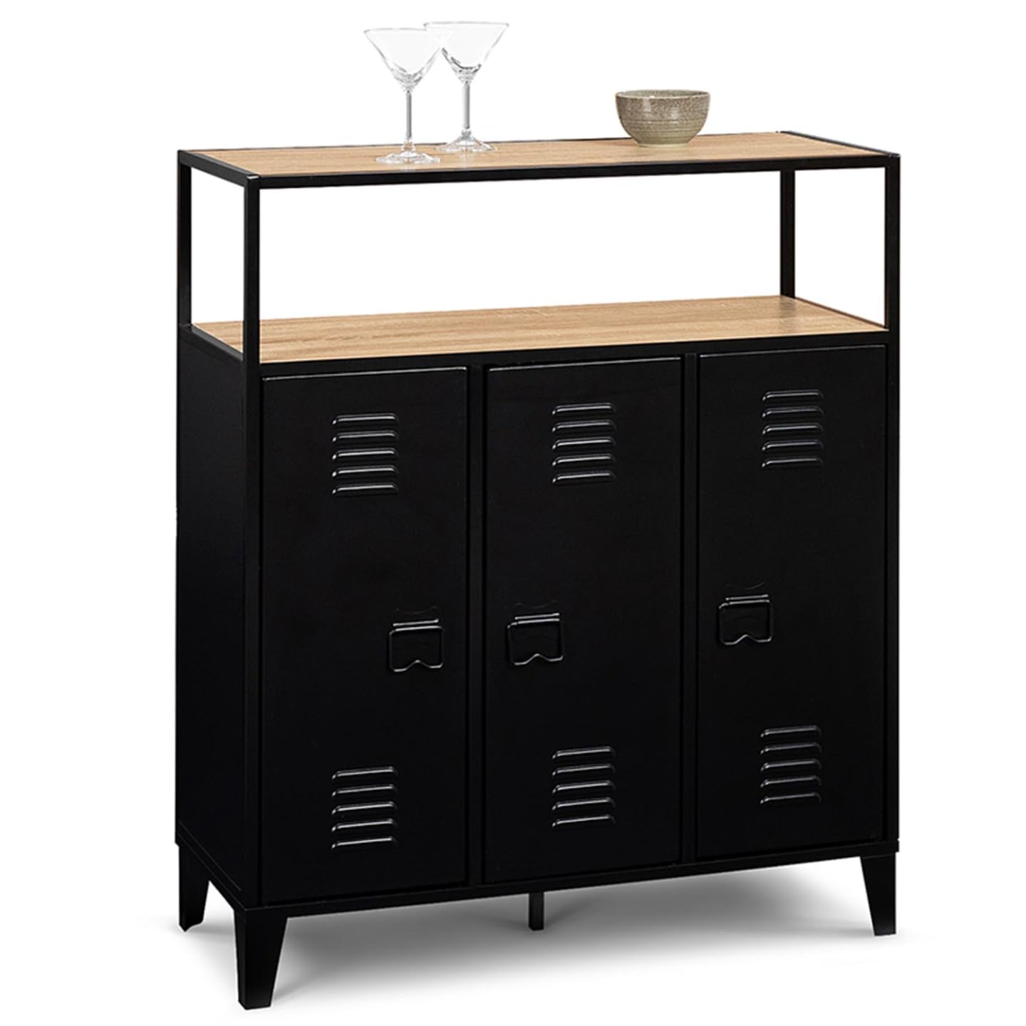 IDMarket - Mueble de bar Buffet Ester de 3 puertas de metal negro con placa de aspecto de madera de haya