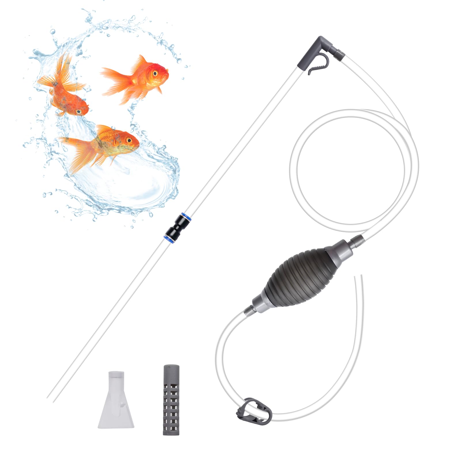 CONNECTION 7 Pcs Fish Tank Water Changer 2.2M Aquarium Siphon Gravel Cleaner Fish Tank Cleaning Kit with 2 Hard Long Tubes Filter Syphon Fixation Clamp for Regular Water Change Filter Sand Clean(Gray)