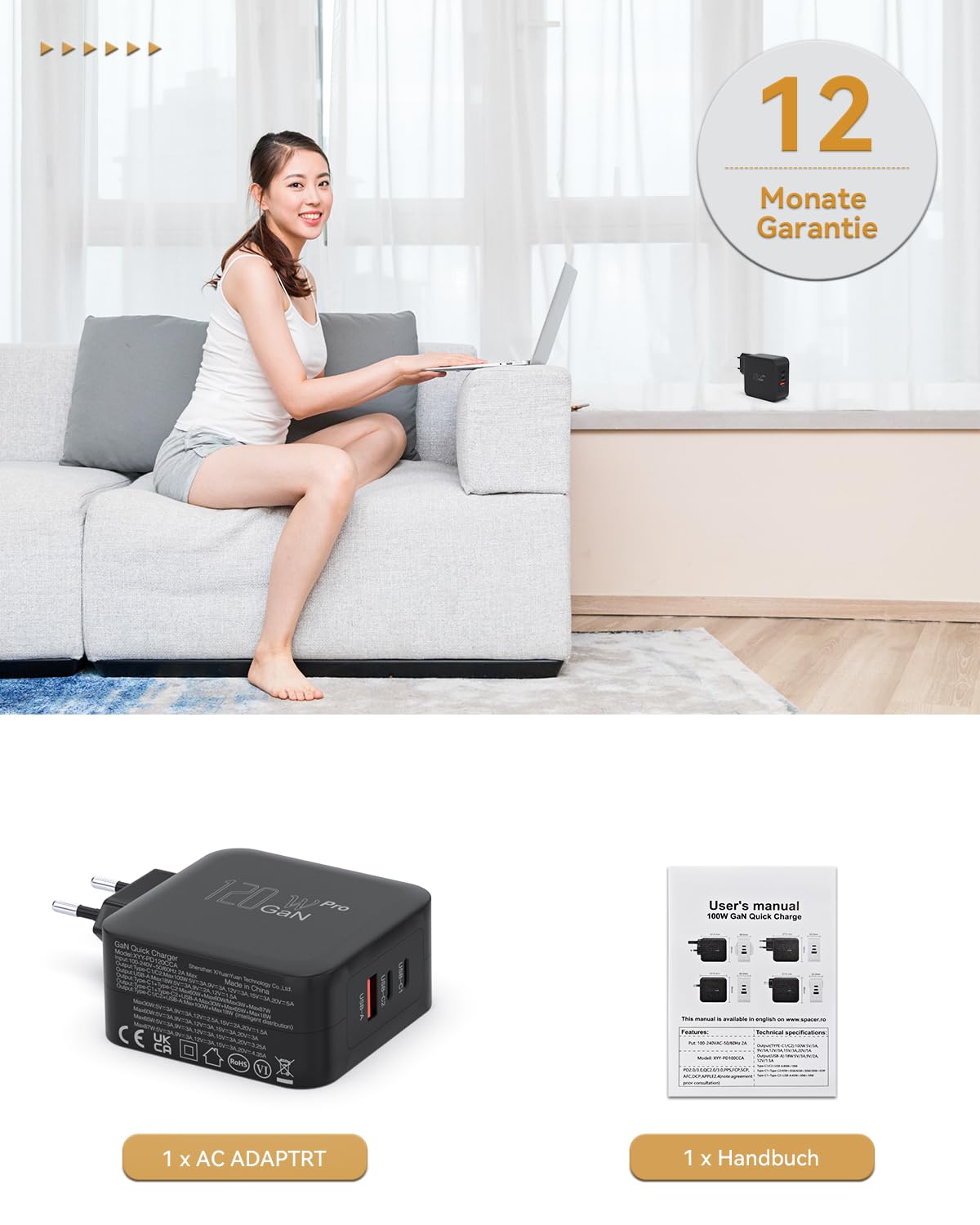 BIUBOTY Caricatore USB C, 3 porte, alimentatore di rete per computer portatile, 120 W, GaN Tech PD PPS, caricatore rapido, adattatore di ricarica per MacBook Pro/Air, iPhone 15/14/13/12, iPad Pro
