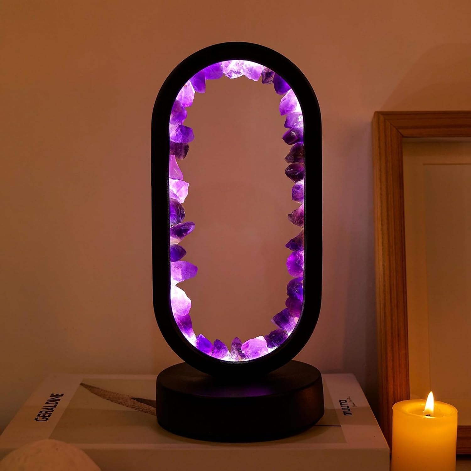 RJINGSHI Healing Crystal Night Light Table Lamp Natural Amethyst Gemstone Bedside Lamp USB-Powered Three-Colour Dimming Mode Ambient Light for Living Room Bedroom Office Home Decoration (Black)