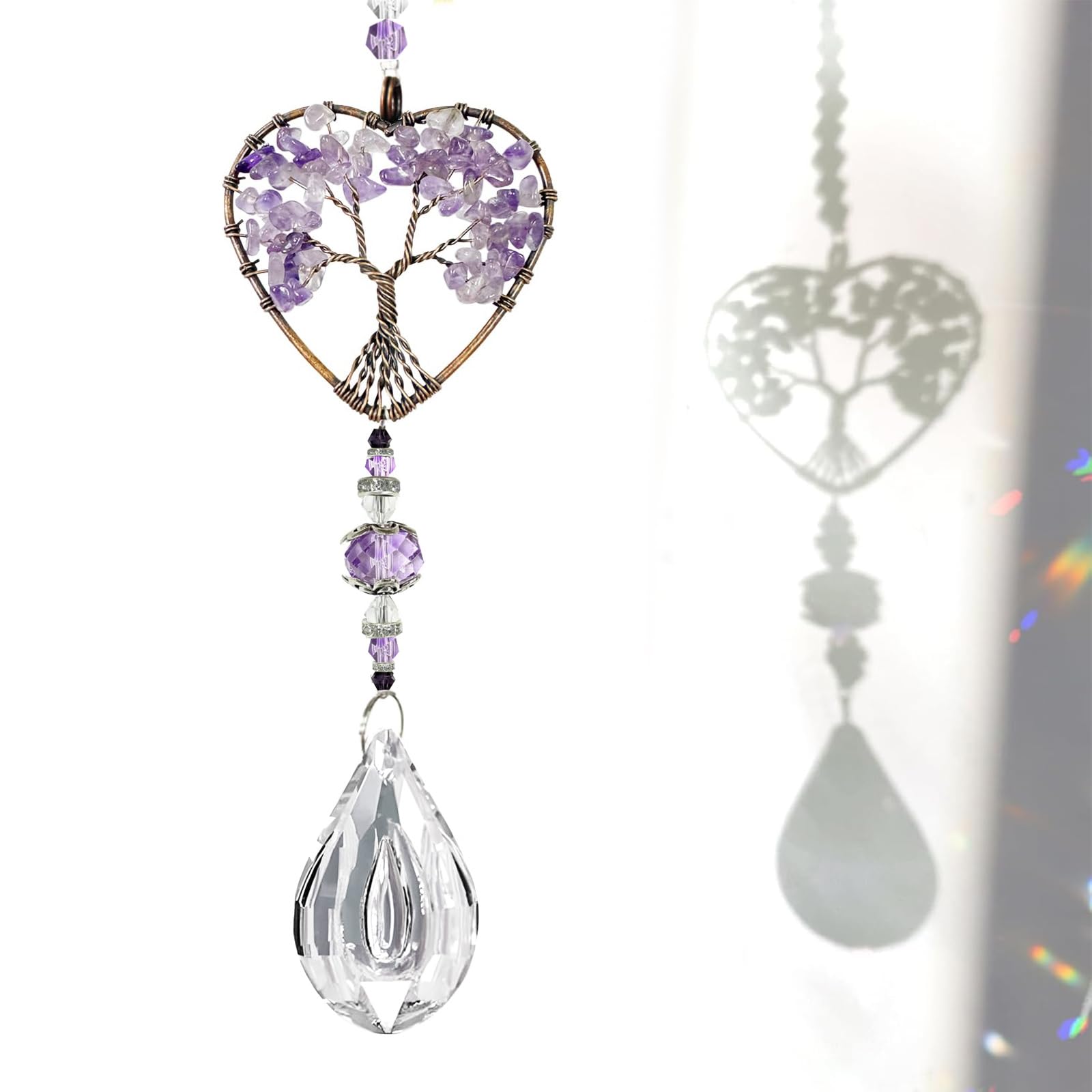 Aootuerl Purple Amethyst Sun Catchers For Windows, Tree Of Life Amethyst Sun Catchers, Healing Crystal Decor Tree Of Life Car Hanging Accessories Suncatcher, Natural Chakra Healing Crystal Stone, For Home Window Car