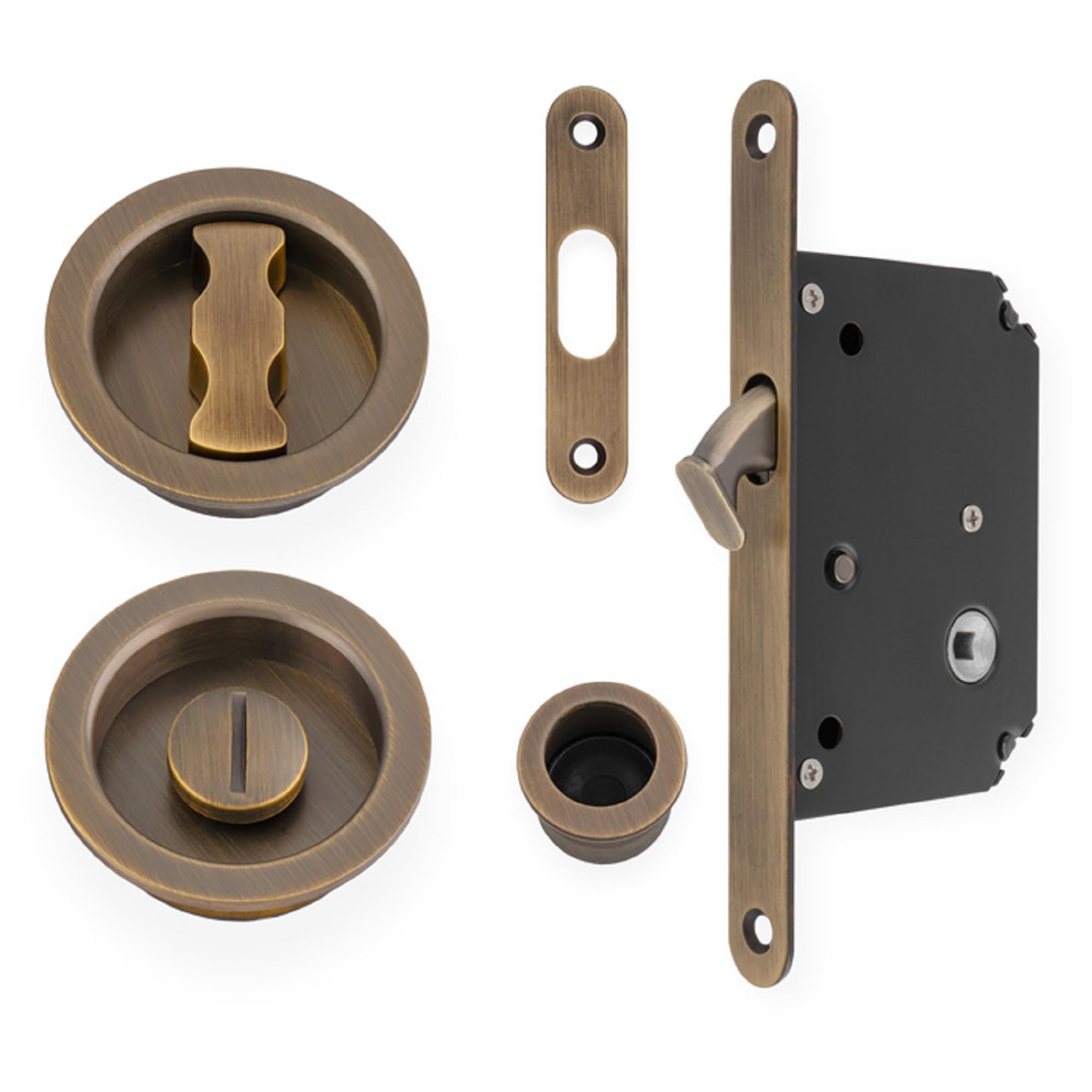 Alexander & Wilks AW110R Radius Sliding Door Lock Set, 50mm Backset, Solid Brass (Antique Brass)
