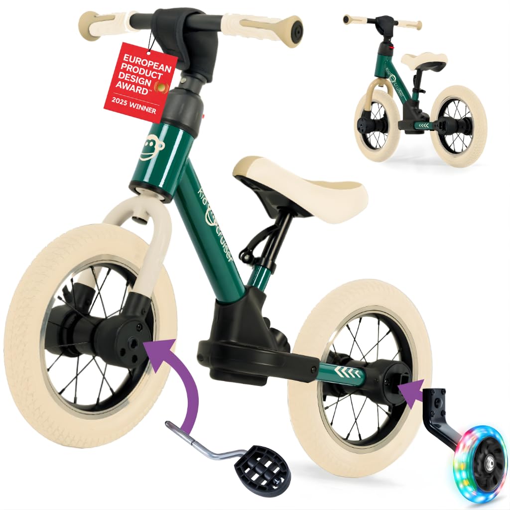 Kidcruiser Toddlers Balance Bike 2–5 Years, 3-in-1, Converts to Pedal Bike with LED Training Wheels – Adjustable Kids First Bike That Grows with Your Child, Forest Green
