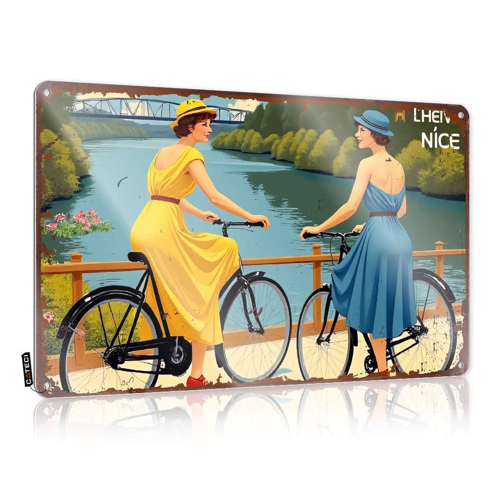 Two Women In Dresses Riding Bicycles By A River. Decorations Tapestry Decorative | Colorful Housewarming Hanging Art For Hallway Living Room(30X40CM)