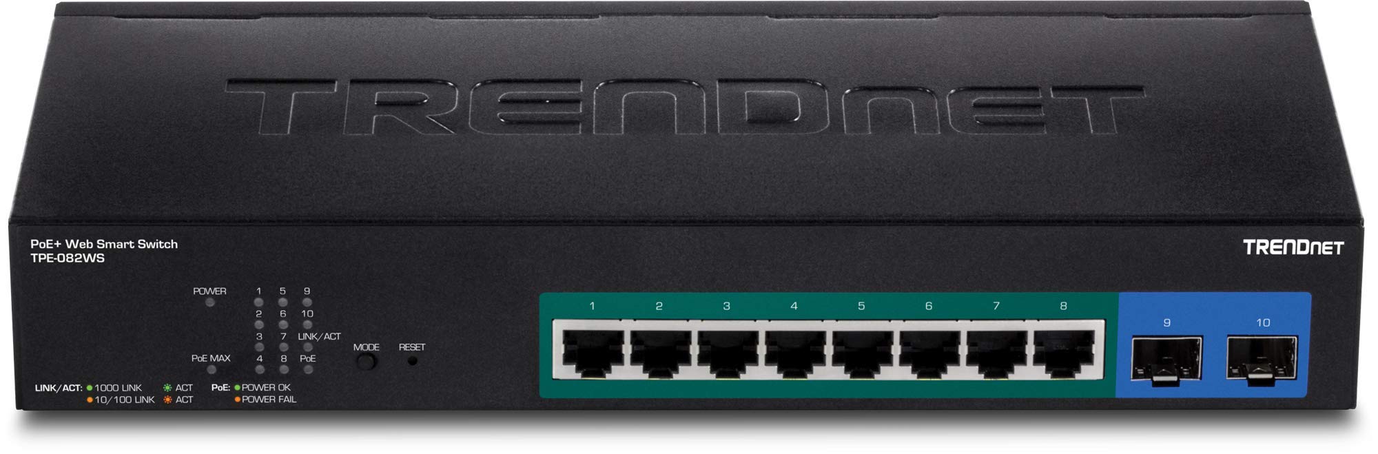TRENDnet, TPE-082WS, 10-Port Gigabit Web Smart PoE+ Switch, 8 X Gigabit PoE+ Ports, 2 X SFP Slots