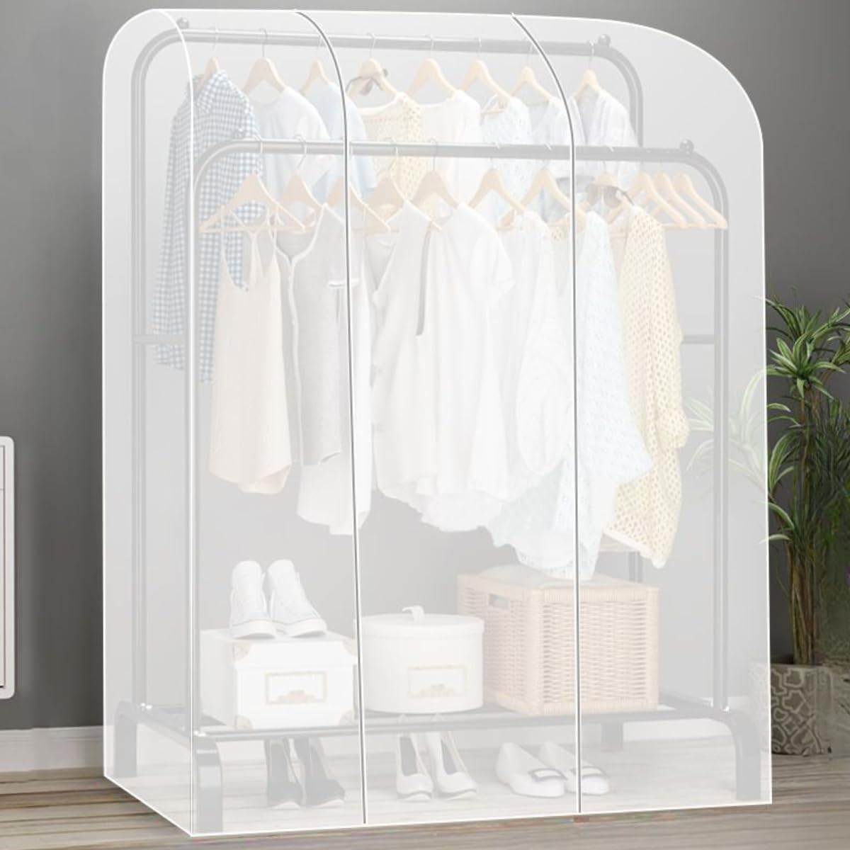 Funda translúcida a prueba de polvo para perchero, protector para perchero, para abrigos, trajes y vestidos, ideal para uso doméstico y comercial (100 x 50 x 150 cm)