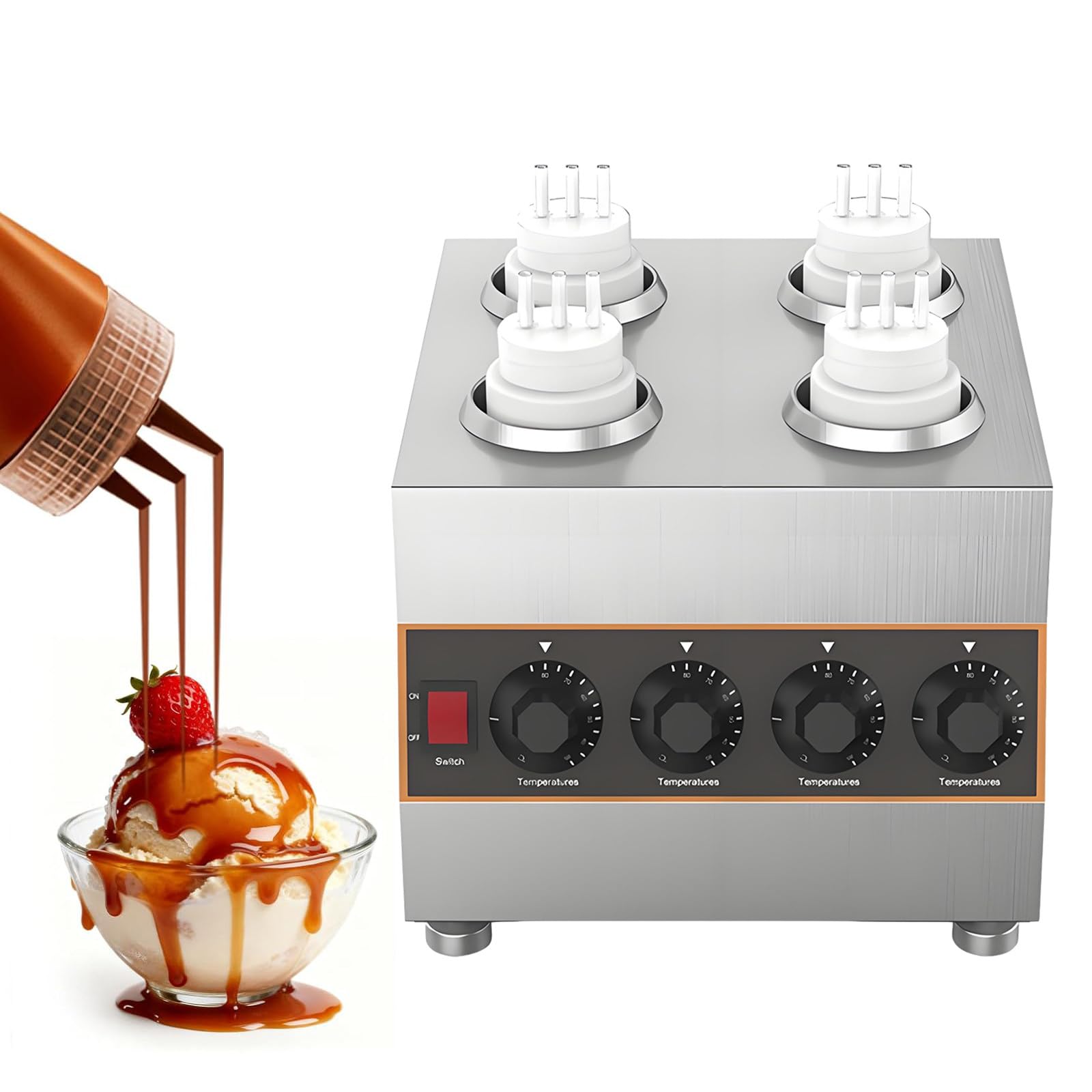 Dispensador Calentador Comercial de Queso Nacho, Calentador de Salsas Eléctrico para Salsa de Chocolate y Chocolate, Incluye 4 Botellas Exprimibles de 22oz/650ml