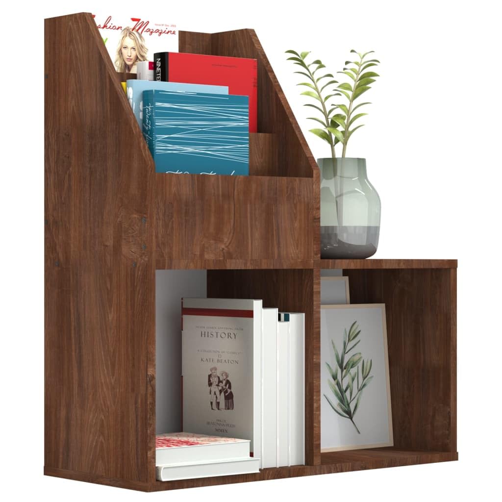 Uchwyt na czasopisma brązowy dąb 71x30x78,5 cm | Solidne drewno konstrukcyjne, 3 przegródki, 2 otwarte półki, przechowywanie książek i pudełek składanych