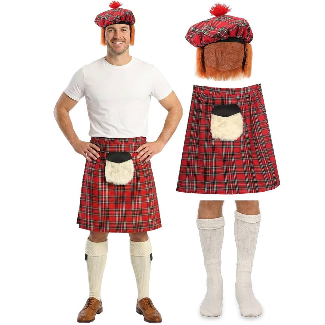 Scottish Scotsman Costume Set: Tartan Kilt with Attached Zipped Sporran, Tam o' Shanter Hat with Hair & Quality Socks - Highland Scotland Burns Night St Andrews Day Fancy Dress Costume