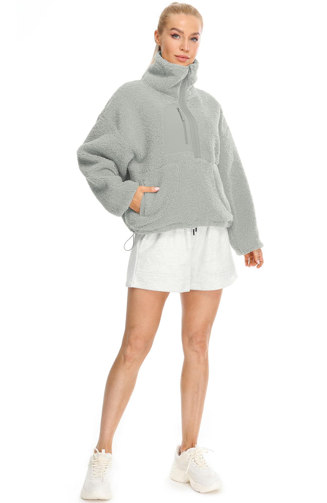 icyzone Sudadera de forro polar para mujer, con bolsillos y cordón