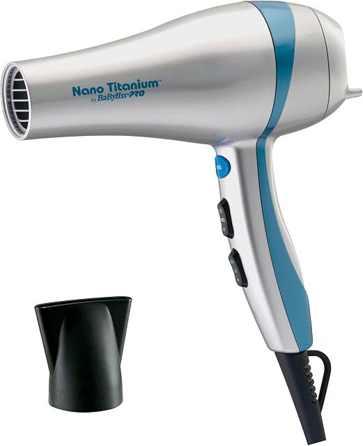 BaBylissPRO Nano Titanium Hairdryer, Ionic and Ceramic Blowdryer with 2 speeds, 3 heat settings and a built-in stand, 1700 Watts for Efficient Hair Drying