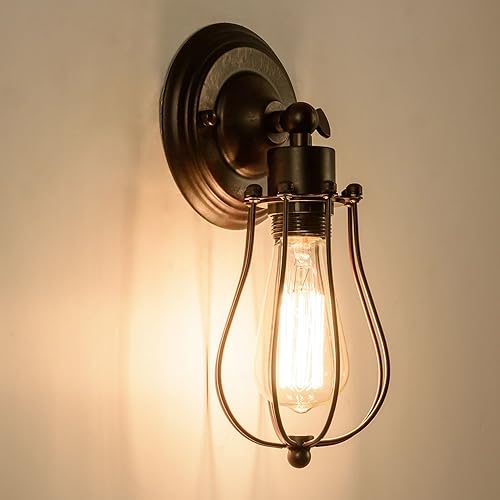 Miniatura 5 de LULING Aplique de pared industrial con iluminación vintage, lámpara ajustable de alambre rústico, jaula de metal, pantalla de luz de pared, estilo