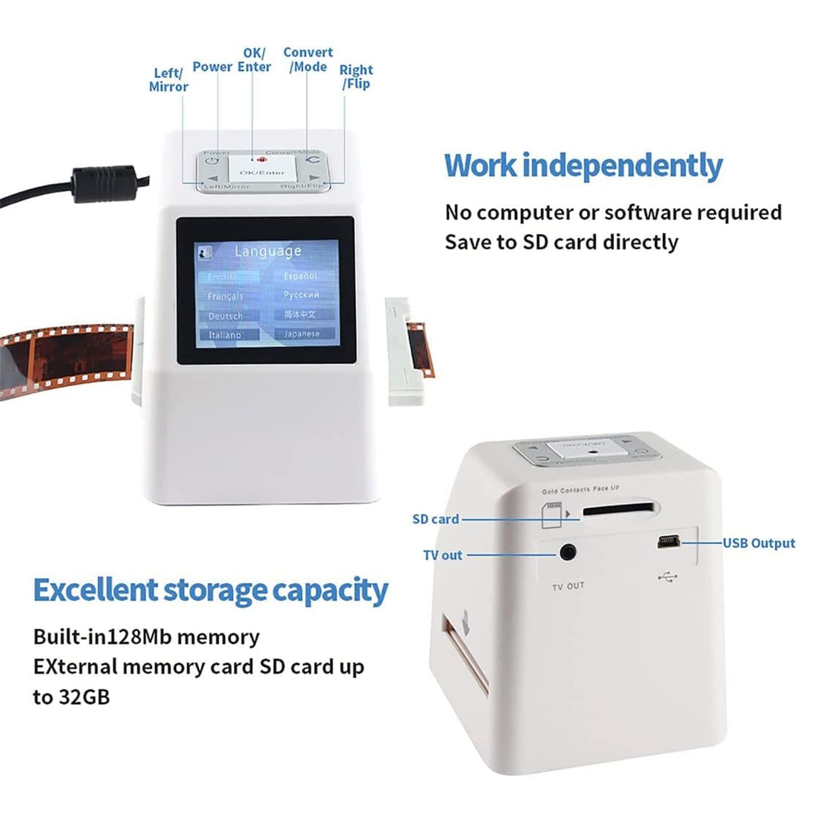 Scanner per Diapositive con Schermo LCD da 2,4", convertitore Digitale per pellicole da 22 MP, converte pellicole da 35 mm, 126, 110, Super 8, Diapositive, Negativi in JPEG