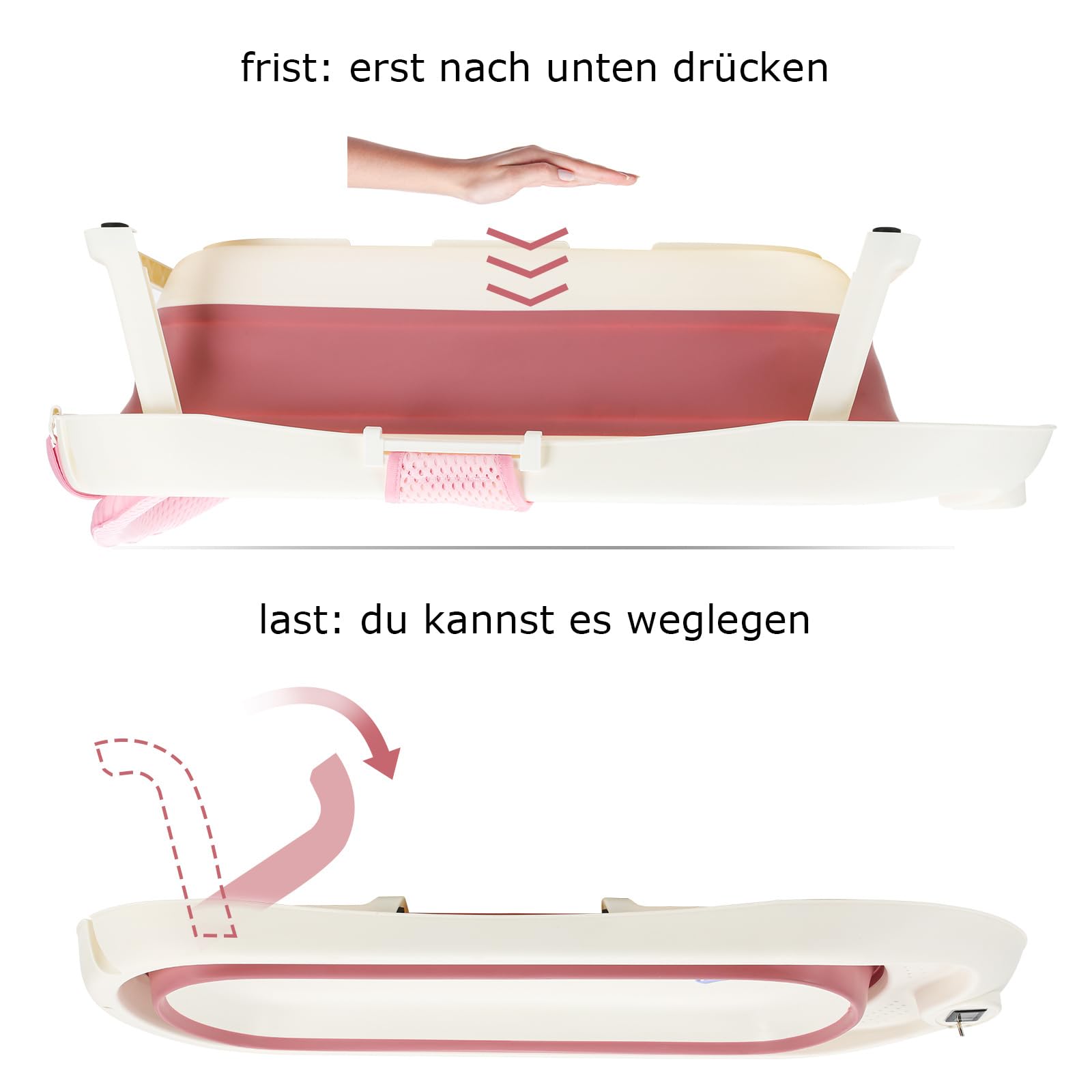 Bañera plegable para bebé con estante, termómetro, cojín de baño, taza de lavado de pelo a partir de 0 – 3 años, color rosa